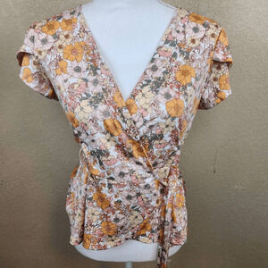 AUW Orange and Pink Floral Wrap Top Small (3668)